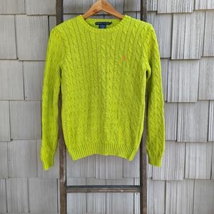y2k Polo Ralph Lauren 100% Cotton Crew Neck Cable Knit Sweater sz M Lime Green